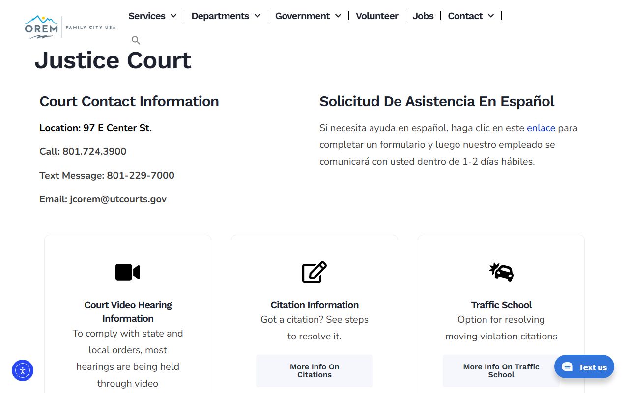 Orem justice court department page for court docket and case information