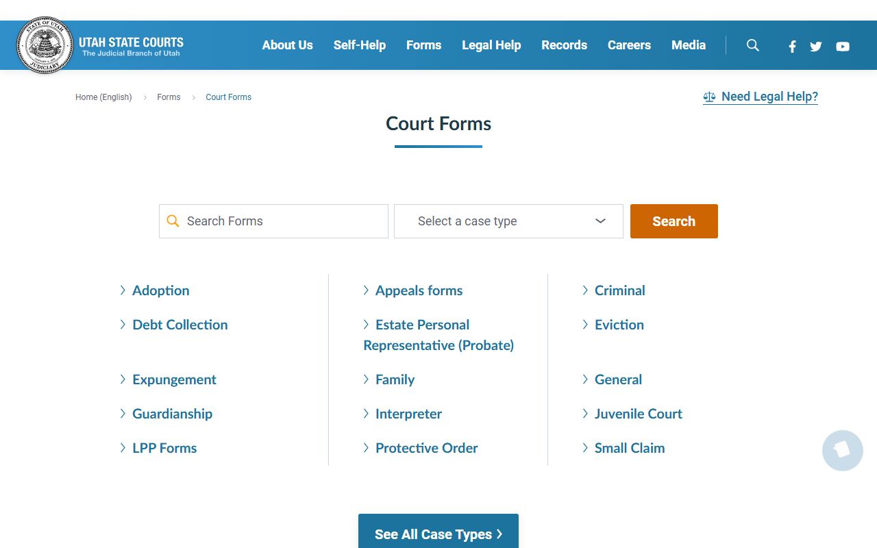 Utah Courts Forms Repository with downloadable forms for court docket filings across case types