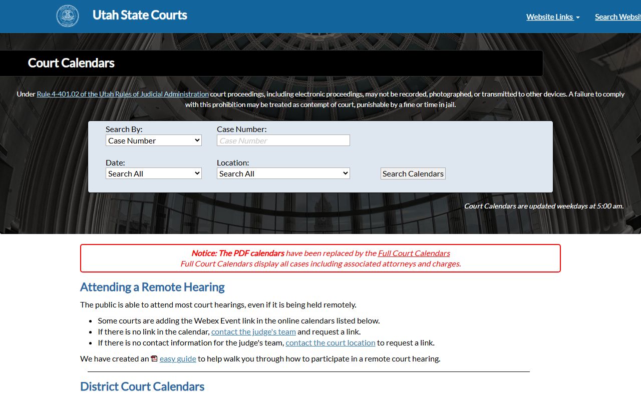 Utah Courts Calendar showing public hearing schedules and court docket dates statewide