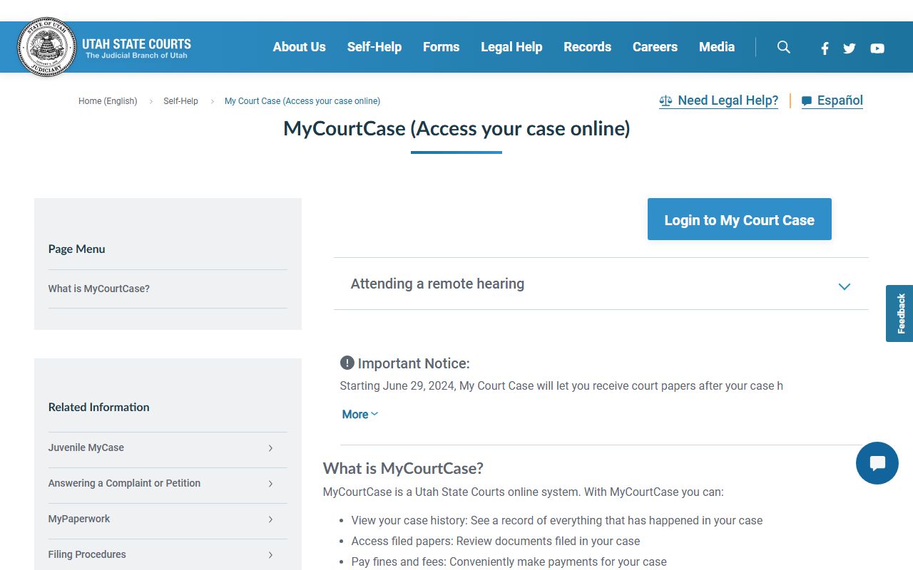 MyCase portal providing free Utah court docket access for case parties
